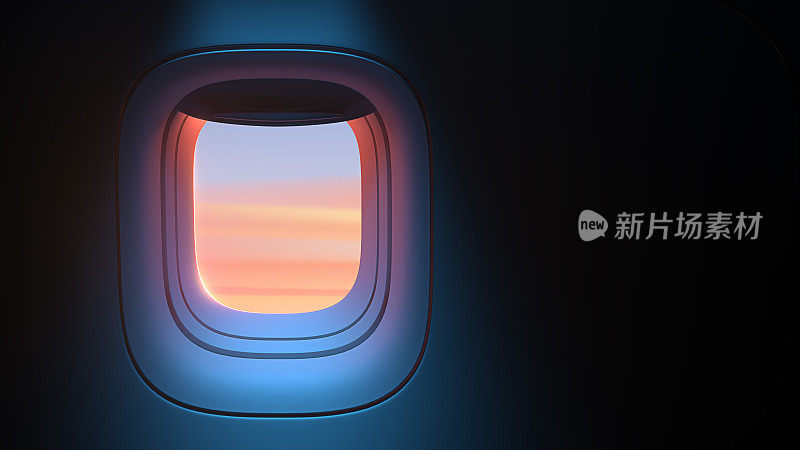 飞机舷窗在傍晚的大气环境中透过窗户可以看到有云的日落。在粉蓝色配色方案。超现实3d渲染插画与复制空间