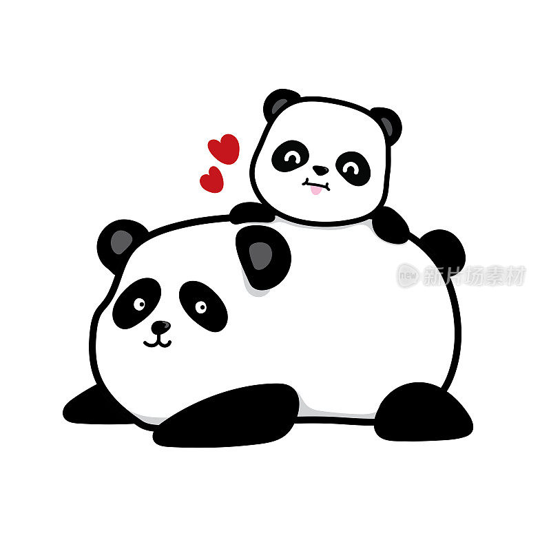 矢量涂鸦卡通的一个大熊猫和小熊猫或爸爸和孩子，熊猫宝宝爬上它的爸爸，孤立的图像在白色背景上