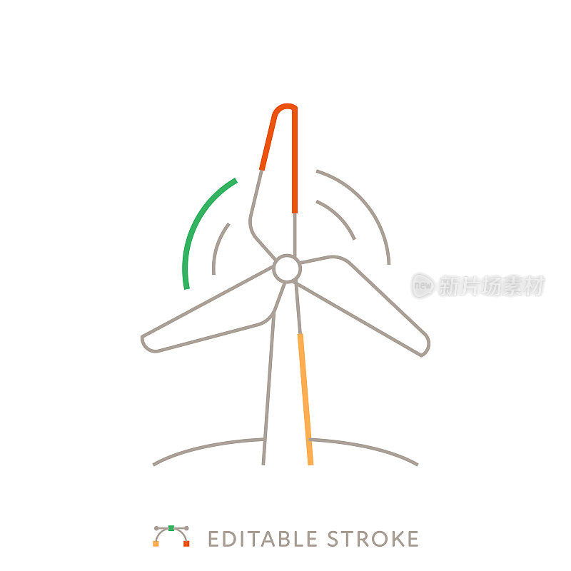 风力涡轮机多色线图标与可编辑的中风