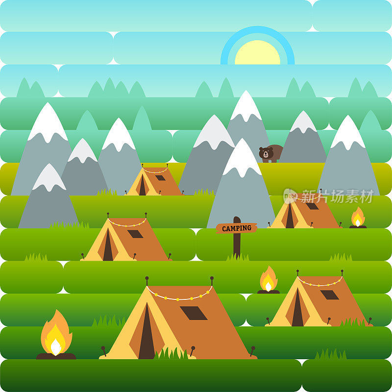 在山里露营，带着帐篷徒步旅行。景观。矢量插图在平和梯度风格