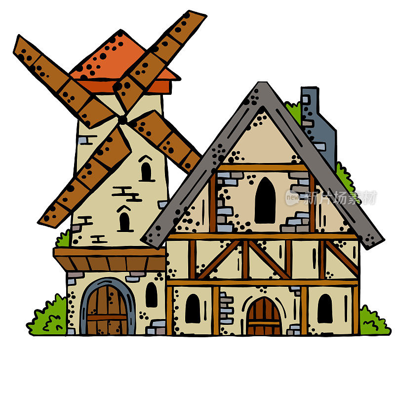 欧洲中世纪农场建筑。磨把谷物磨成面粉的磨机农业环境。农业用砖做的风车。大纲卡通镇