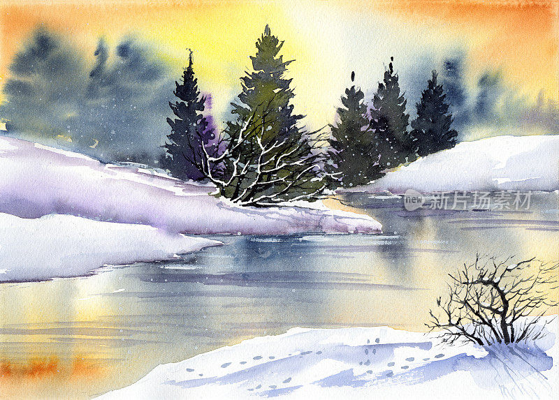 水彩插画的冬季景观与冷杉树