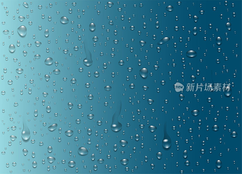 雨水集雨滴，纯净的水滴凝结在透明的背景上。逼真的矢量插图气泡在窗户玻璃上