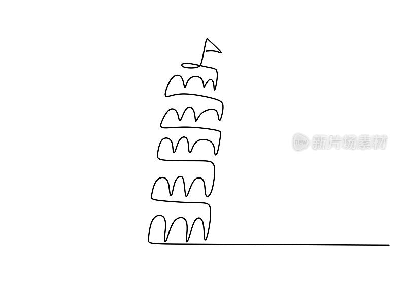 像比萨斜塔一样的著名建筑的连续单线孤立在白色背景上。