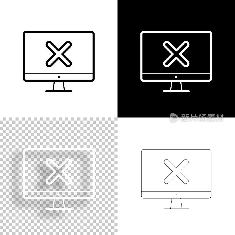 带有十字标记的台式电脑。图标设计。空白，白色和黑色背景-线图标