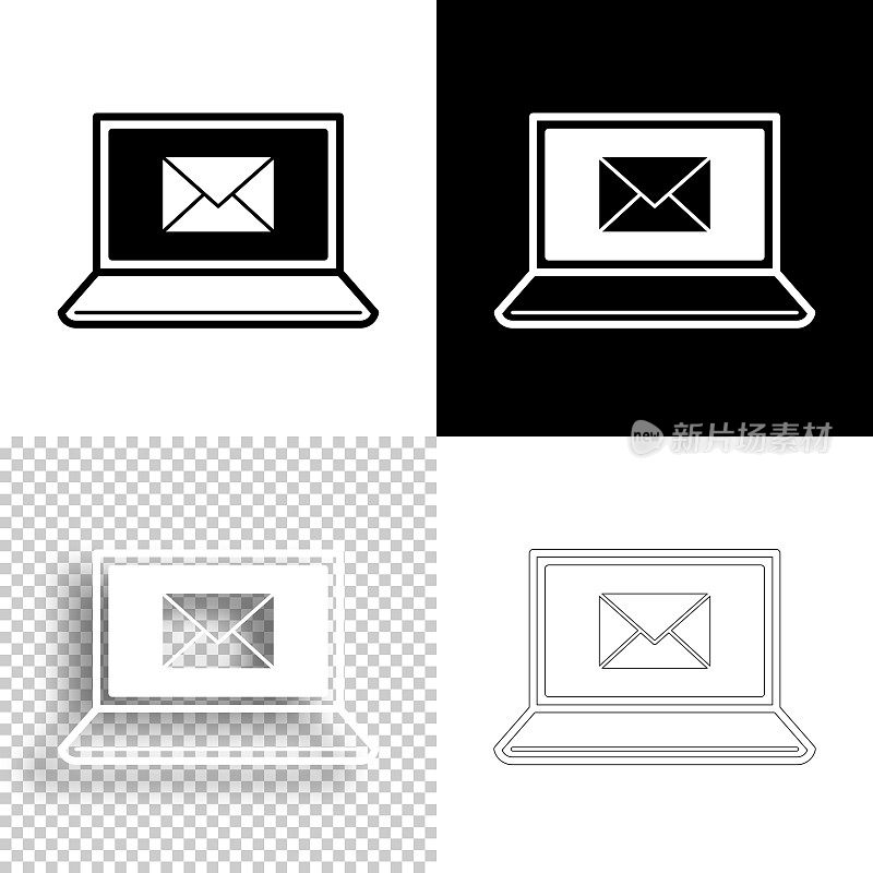 笔记本电脑与电子邮件信息。图标设计。空白，白色和黑色背景-线图标