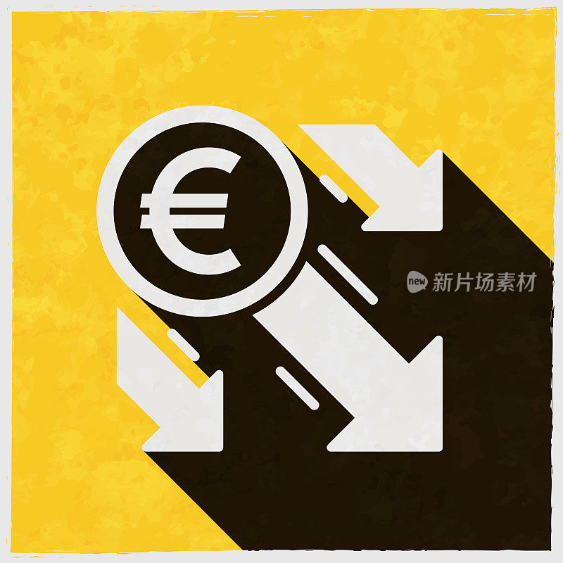 欧元下降。图标与长阴影的纹理黄色背景