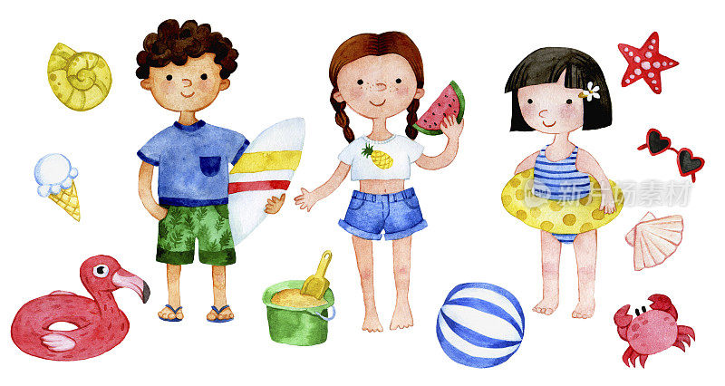 水彩绘画。一组可爱的孩子在海滩上。男孩和女孩穿着泳衣，游泳圈，玩具