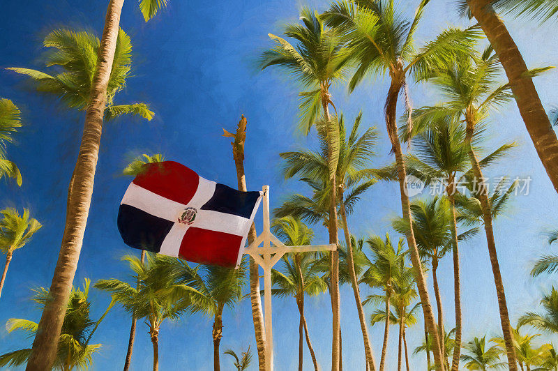 加勒比地区，多米尼加共和国国旗在风中飘扬的数码绘画。
