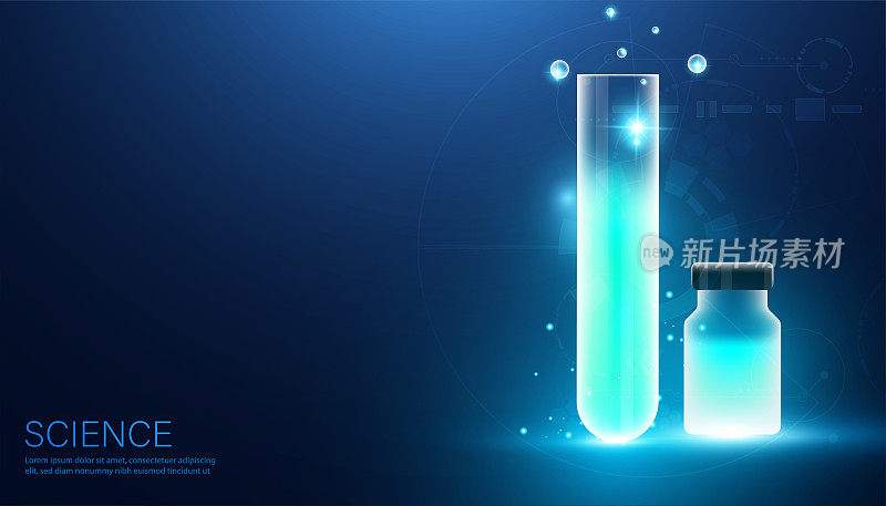 摘要科学玻璃瓶实验科学概念实验新事物化学溶液各种高科技蓝色未来背景。插图