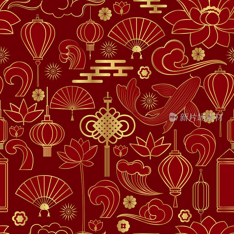 带有中国传统元素的金色无缝矢量图案。线的艺术风格。向量的背景。
