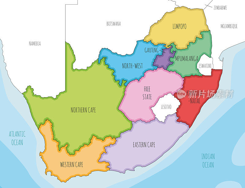 矢量插图地图的南非各省和行政区划，和邻国。可编辑和明确标记层。