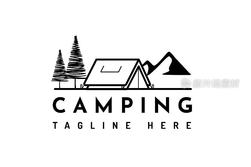 露营帐篷和山的黑色线条艺术插图
