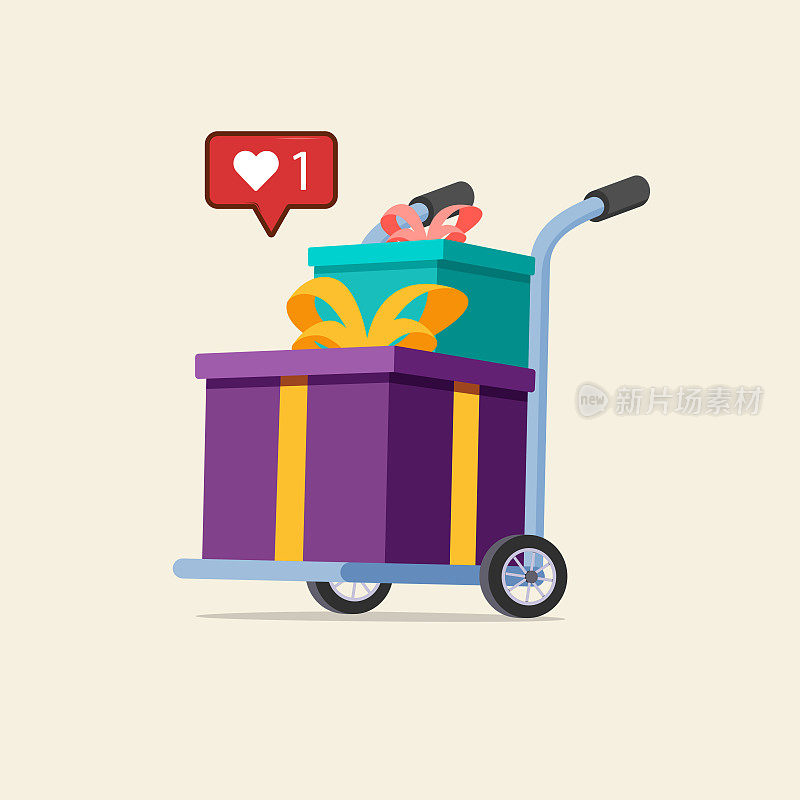 一手推车的礼物盒子孤立在棕色。金属轮式小车与礼物盒。配送服务及物流