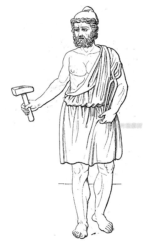 古代雕刻插图，文明:希腊和罗马的神和神话，赫菲斯托斯(火神)