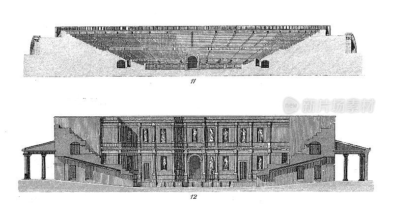 古董雕刻插图，文明:赫库兰尼姆剧院