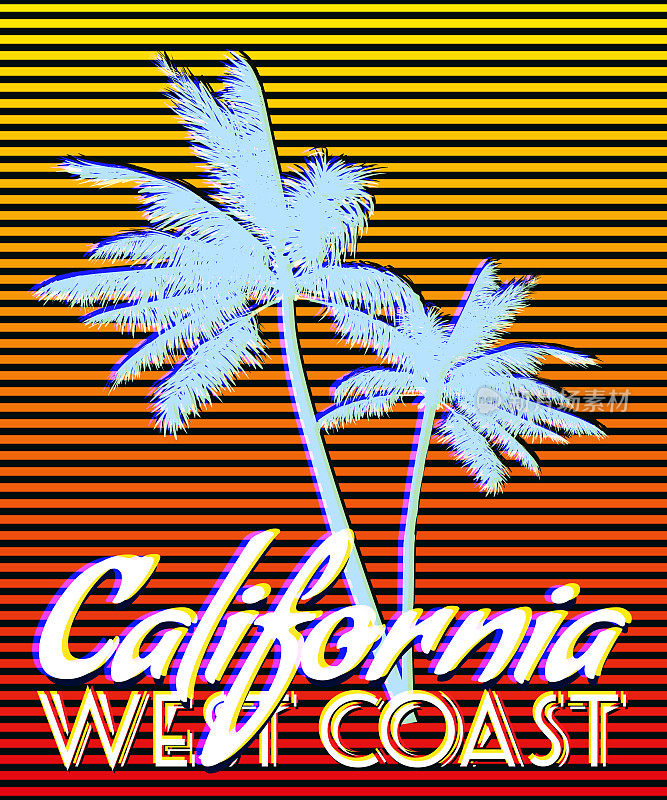 加利福尼亚西海岸日落印花设计。复古棕榈树剪影海报