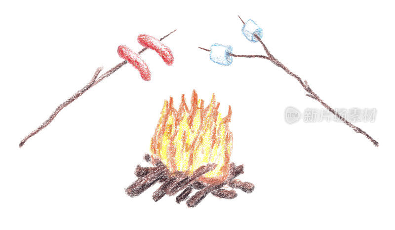 插图的篝火，油炸香肠和棉花糖手绘彩色铅笔
