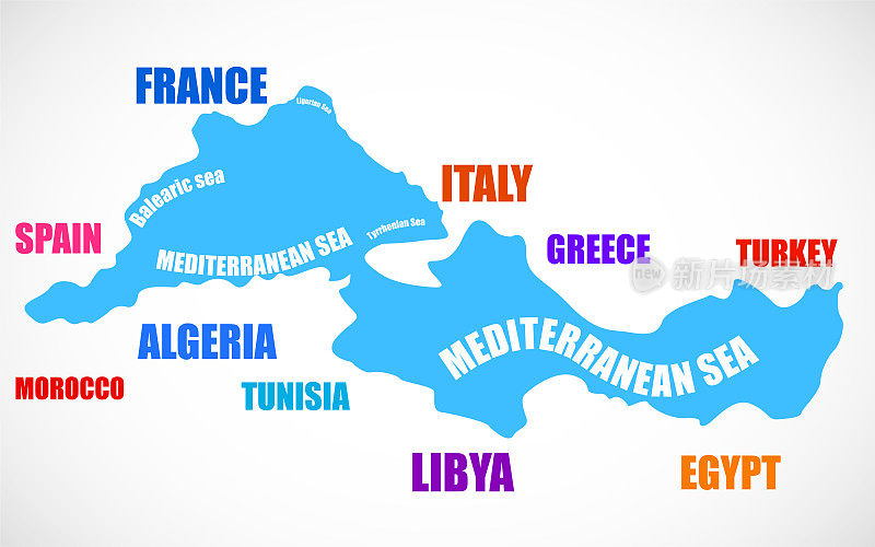 地中海。标出地中海与其他国家的边界