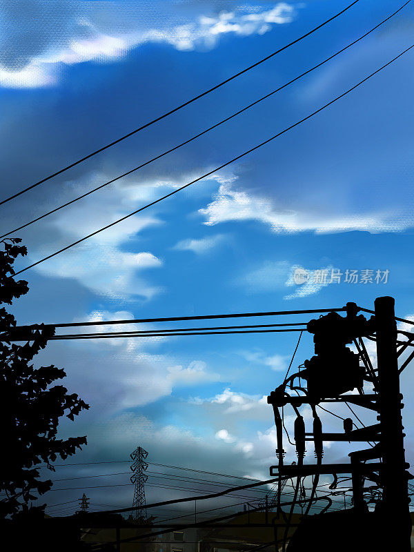 单色剪影插图的景观场景，蓝色的夏天的天空和阳光透过云层，和一个电线延伸的电线杆。
