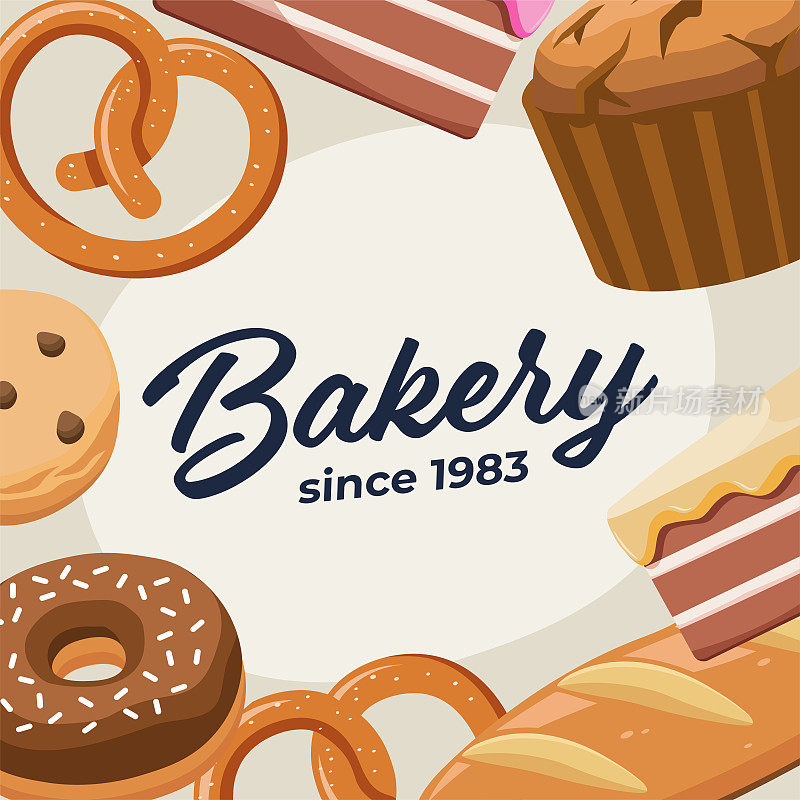 面包店菜单矢量模板，有不同的烘焙食品卡通插图。饼干，椒盐卷饼，蛋糕，松饼，甜甜圈，面包。带标志的甜点和面包菜单。