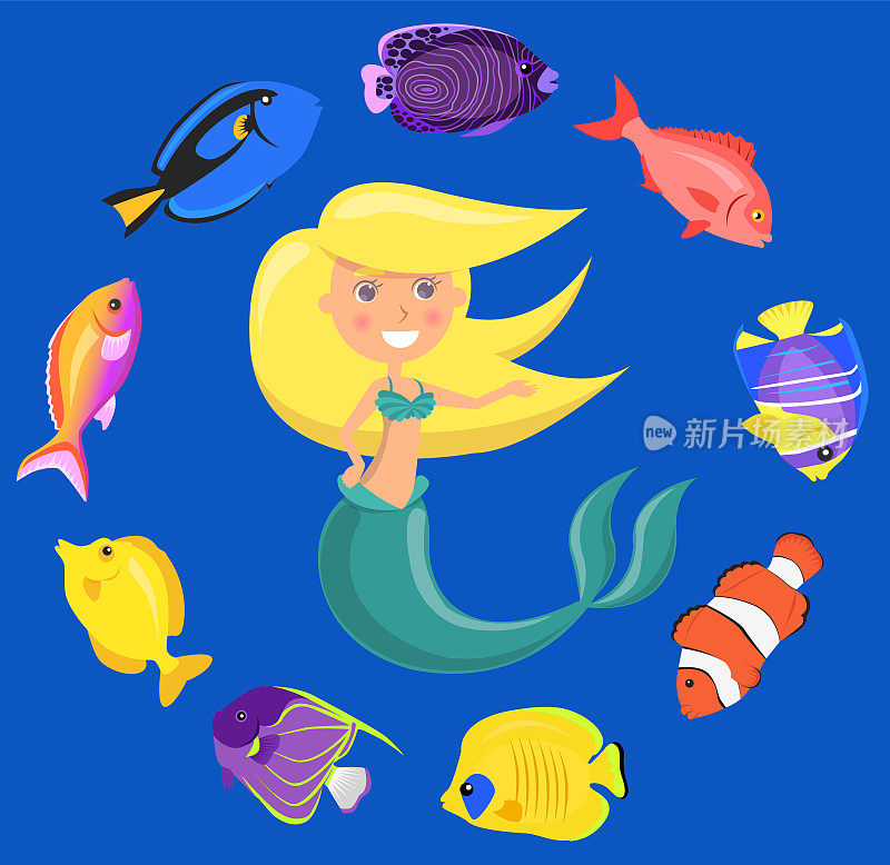 美人鱼和一群五颜六色的鱼，在蓝色的水里游泳。卡通航海人物小鱼套