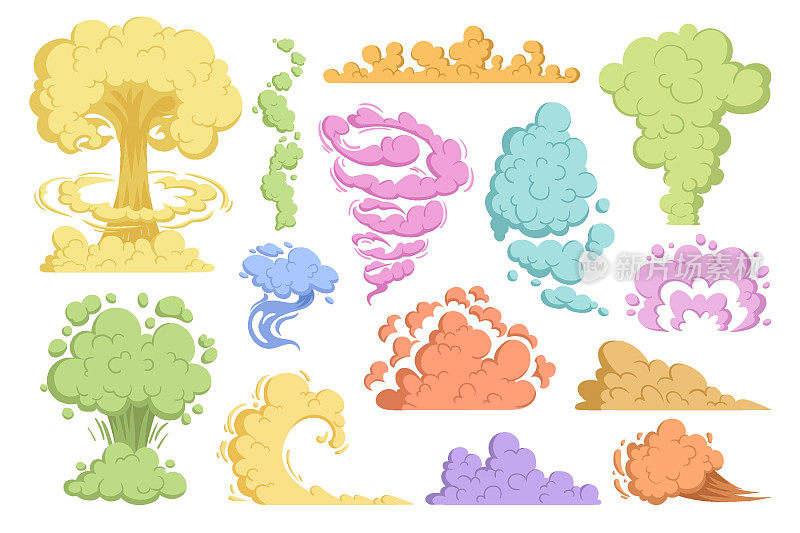 七彩烟云，云雾缭绕。彩色蒸云流，粉彩云矢量插图集。尘埃云集合