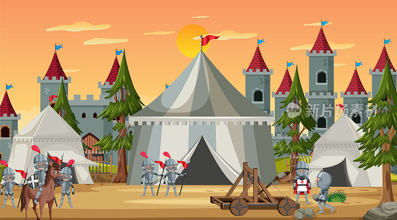有帐篷和城堡的中世纪小镇营地