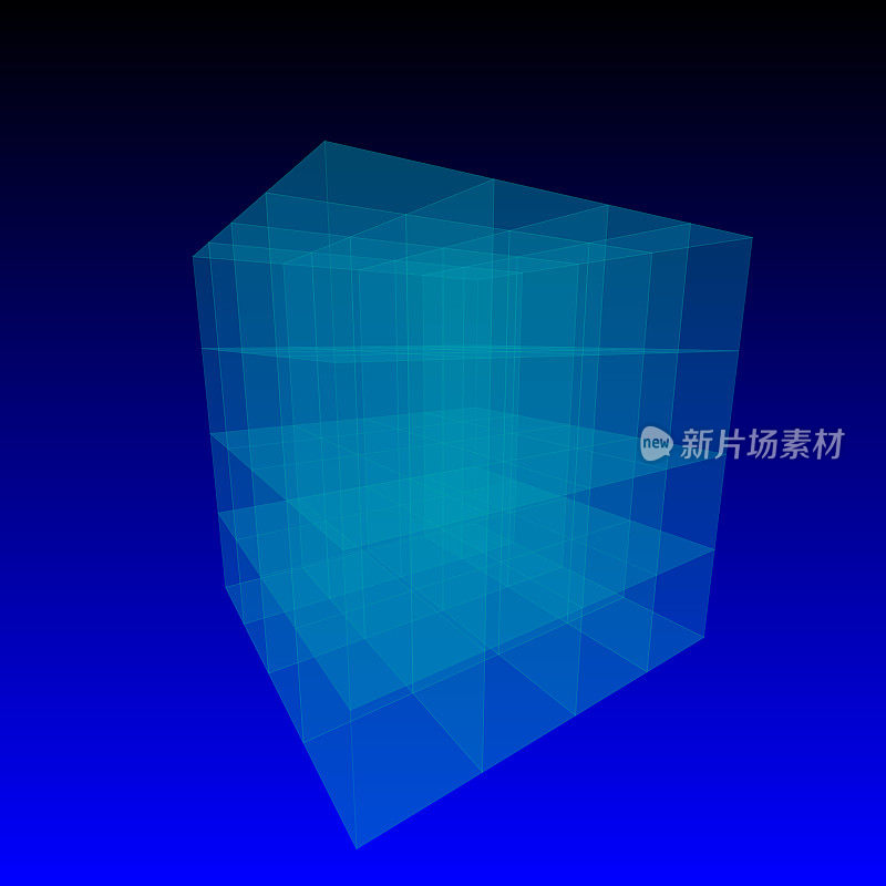 深蓝色背景下的半透明玻璃立方体。与视角。