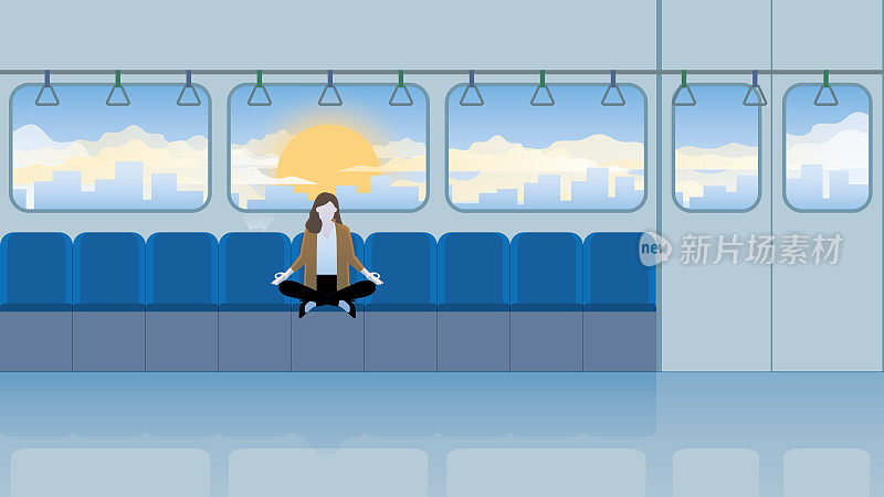 一个安静的女商人坐在火车上沉思。思考商业创意解决方案，解决问题，缓解压力，专注，呼吸，放松时间，工作时间的平静。