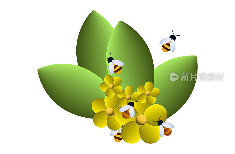 一群蜜蜂3d。在花园或有花的田野里驱赶昆虫，在蜂房里采集花蜜。传粉植物，草地，花园，春天的黄色花朵。野生动物中的蜜蜂。三维向量。
