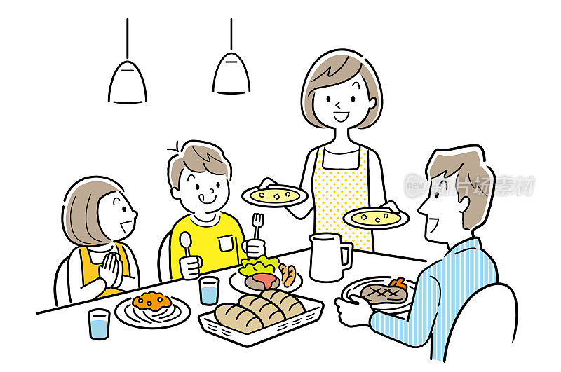 矢量插图材料:家人在家里吃饭