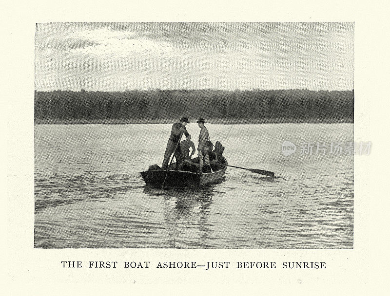 在西班牙-美国战争期间，一艘小船在岸上运送补给的照片后的复古插图