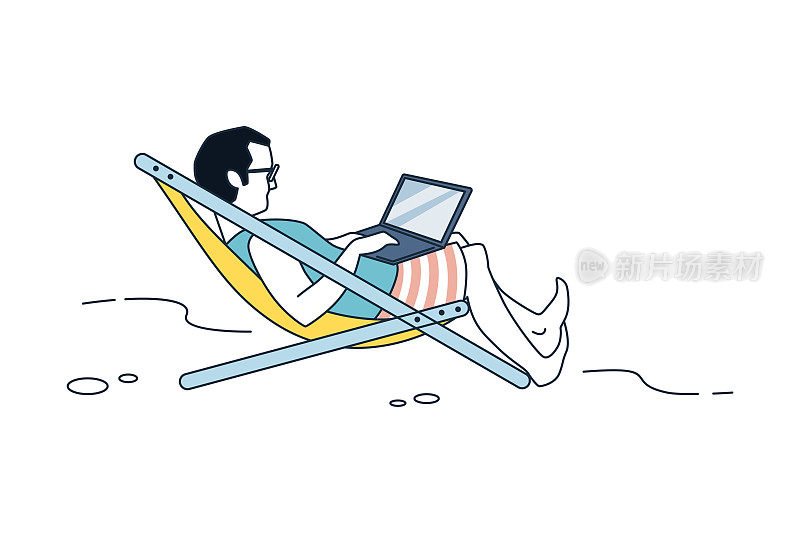 使用笔记本电脑。男人带着笔记本电脑躺在躺椅上，度假时工作，自由职业的男性角色在舒适的条件下。向量个体户孤立插图