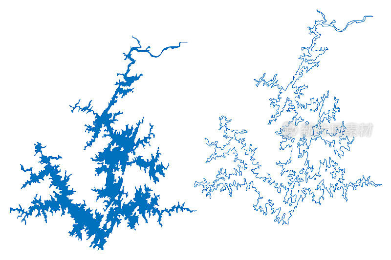 马丁湖水库(美国，北美，美国，阿拉巴马州)地图矢量插图，潦草素描马丁大坝地图