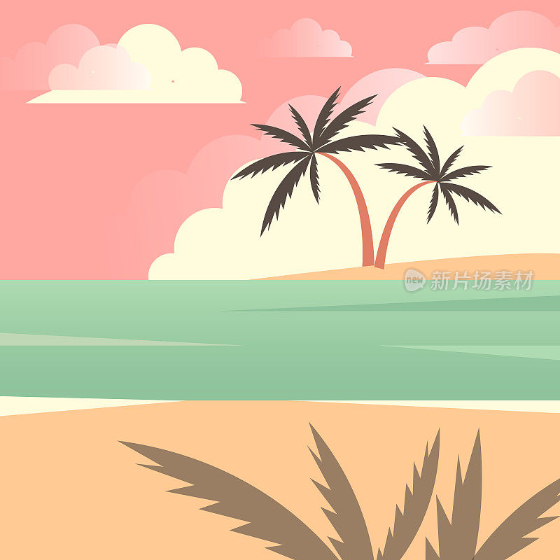 热带夏季海滩，棕榈树。海滨景观，热带海滩休闲或海滨景观。