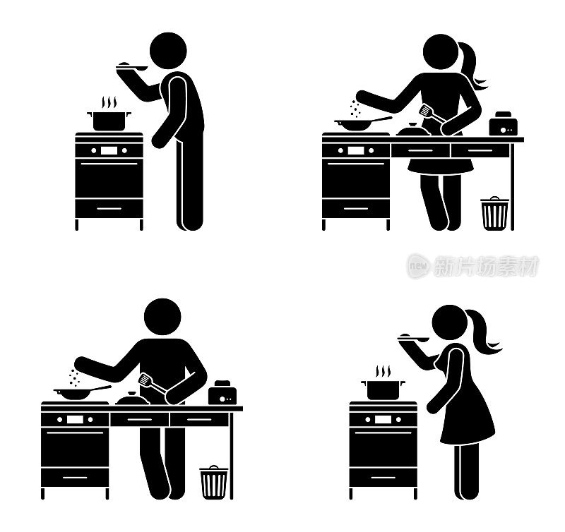 简笔画男性和女性烹饪在家里厨房矢量集。贴人试饭、煎、煮图标剪影象形图