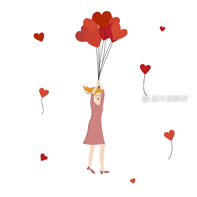 女孩拿着一串放飞的红色心形气球。害怕的女人拿着气球飞得很高。