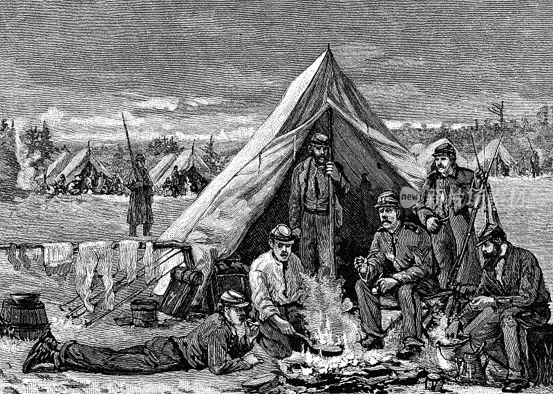 19世纪，在美国马萨诸塞州坎布里奇卡梅隆营的纽约第七民兵团
