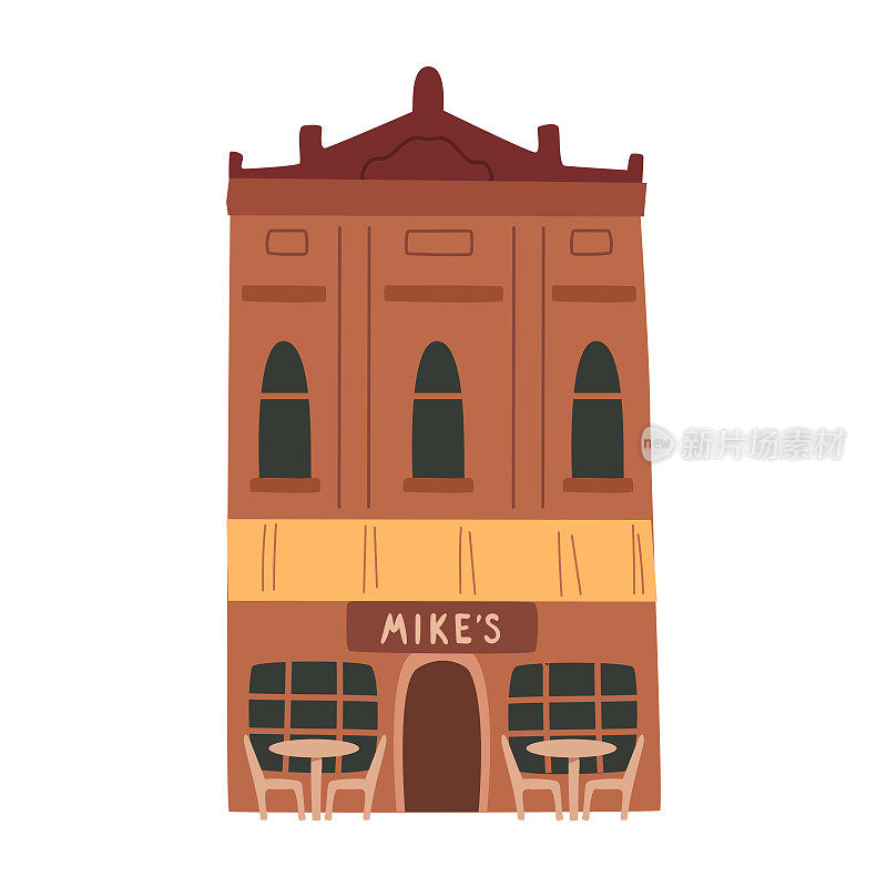 小街道建筑餐厅咖啡厅外部平面卡通矢量插图。意大利披萨餐厅，有露台、自助餐厅、桌子和椅子