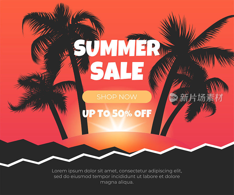 热带夏季销售活动与一个有趣和复古的设计。用于横幅，海报，邀请。夕阳与棕榈树的剪影。