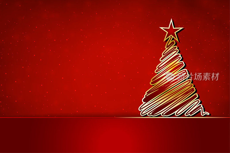 一个有创意的充满活力的暗红色栗色背景的水平矢量背景与一个有创意的涂鸦金色圣诞树与明亮闪亮的星星在圣诞节庆祝活动的顶部