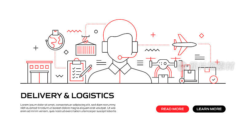 交付和物流网络横幅与线性图标，新潮的线性风格向量