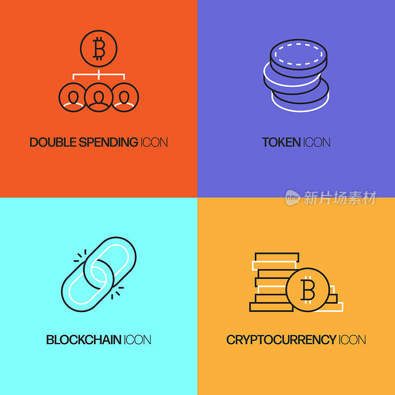 比特币相关矢量细线图标。轮廓符号集合