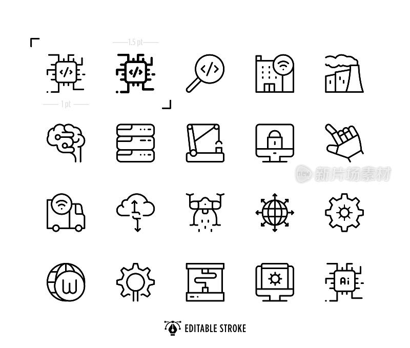 工业4.0线图标集。可编辑的中风。像素完美。