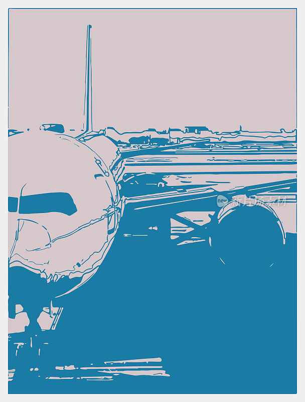 轮廓写真风格的飞机在机场场景插图背景