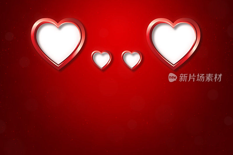 爱情主题情人节红栗色水平背景-四个有光泽的白色心形在深栗色的复制空间或标签，两个对称的大和两个小