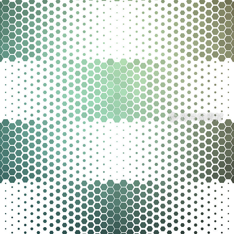 渐变的六边形圆点图案从蓝绿色过渡到白色。