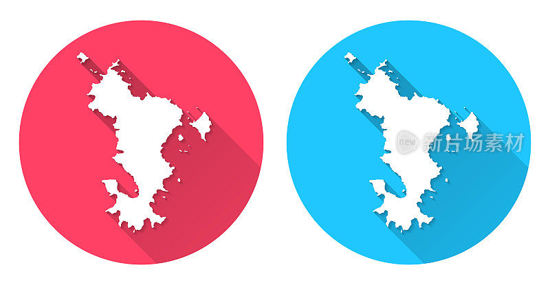 马约特岛的地图。圆形图标与长阴影在红色或蓝色的背景