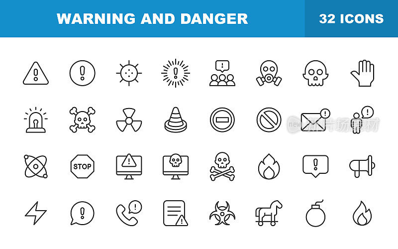 警告和危险线图标。可编辑的中风。包含这样的图标，警告标志，危险，警报，事故，警告，停止，通信，病毒，黑客，小偷，生物危害，保护，错误。